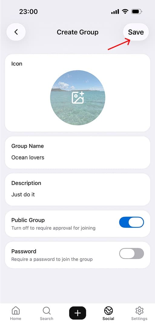 Enter an icon, group name, and description, then tap 'Save' to create the group. Share it with friends and teammates so they can join!