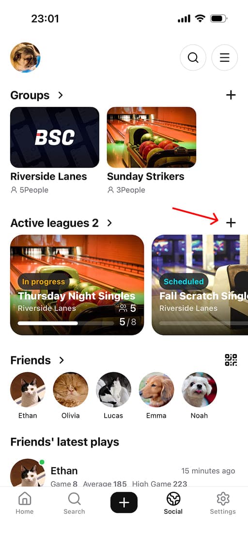Tap the '+' button next to 'Active leagues' on the Social tab.