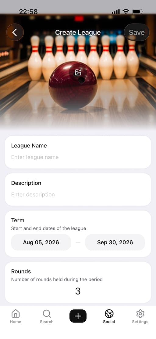 Enter the league name, description, term, number of rounds, and other details.