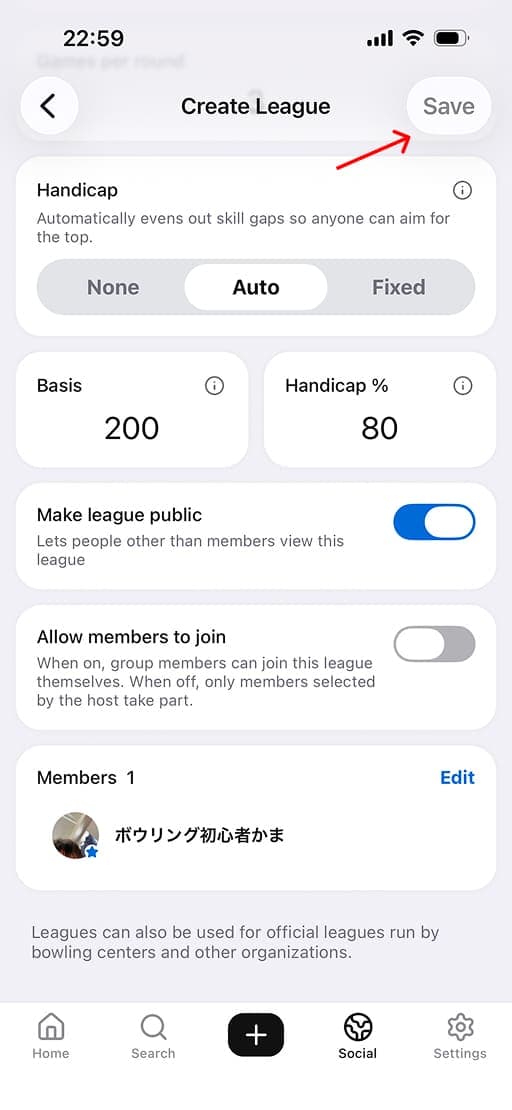 Check the handicap and visibility settings, then tap 'Save' to host the league.